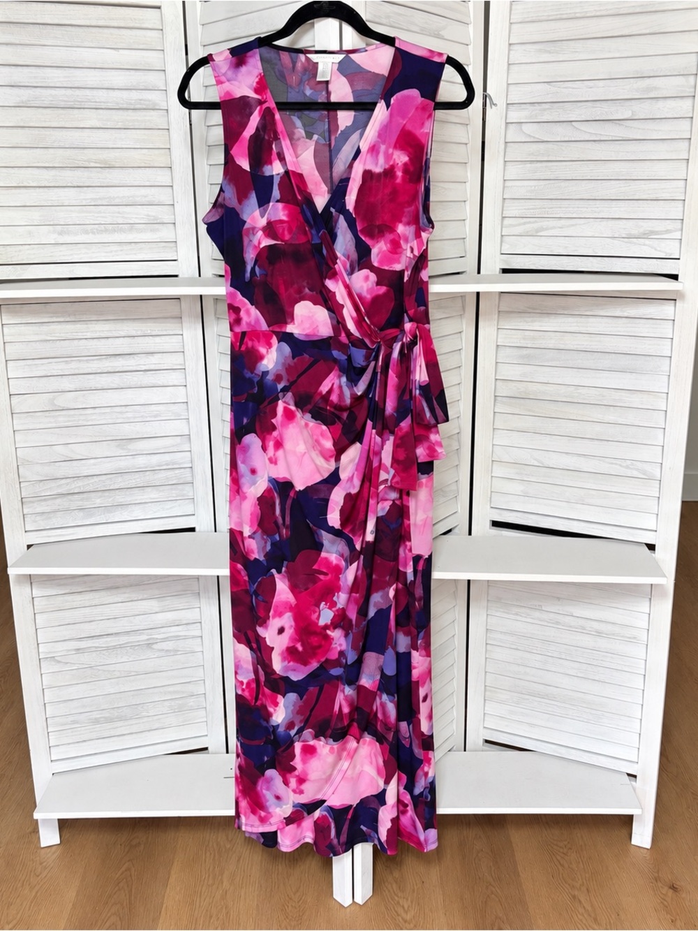 London Times Size 14 Floral Maxi Dress Pink Purple Faux Wrap Tie Waist